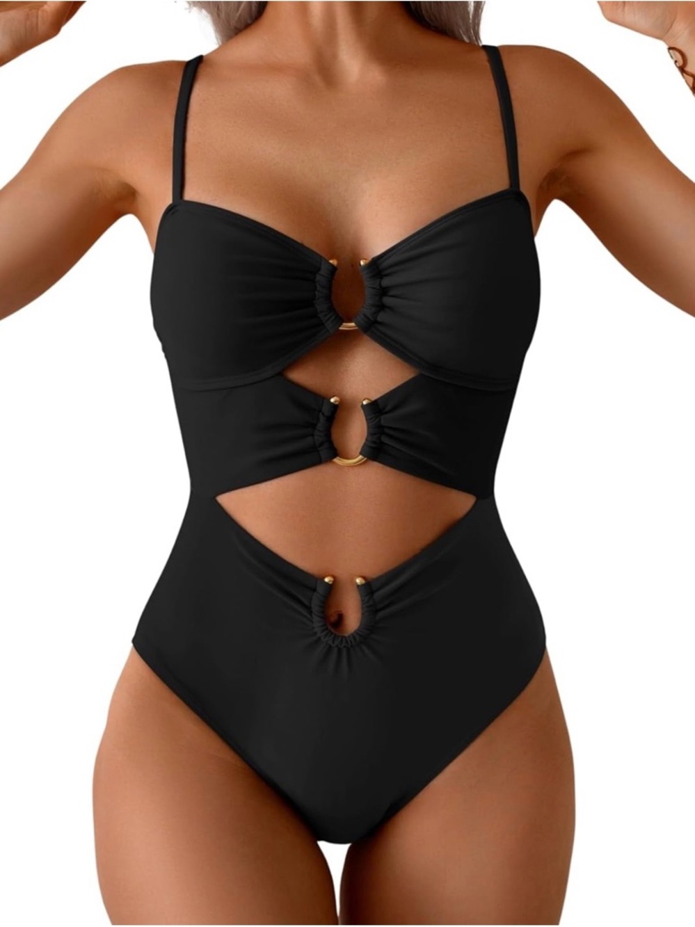 EOMENIE NWT Black Gold Ring Linked Cutout Monokini One Piece Swimsuit Large